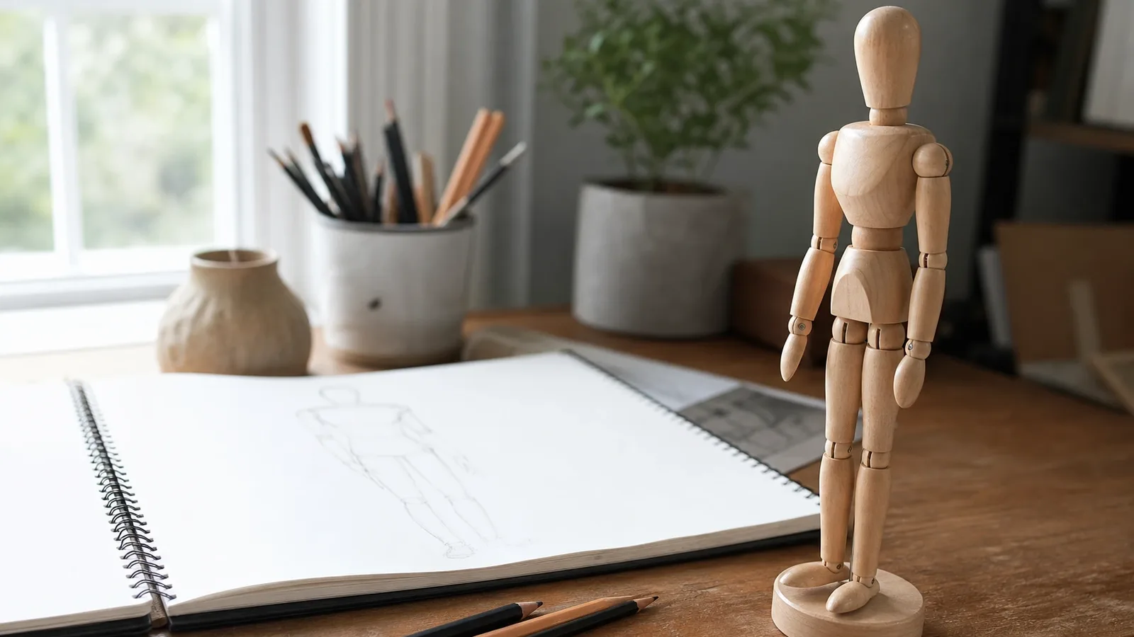 A wooden artist’s mannequin standing on a desk next to a sketchbook