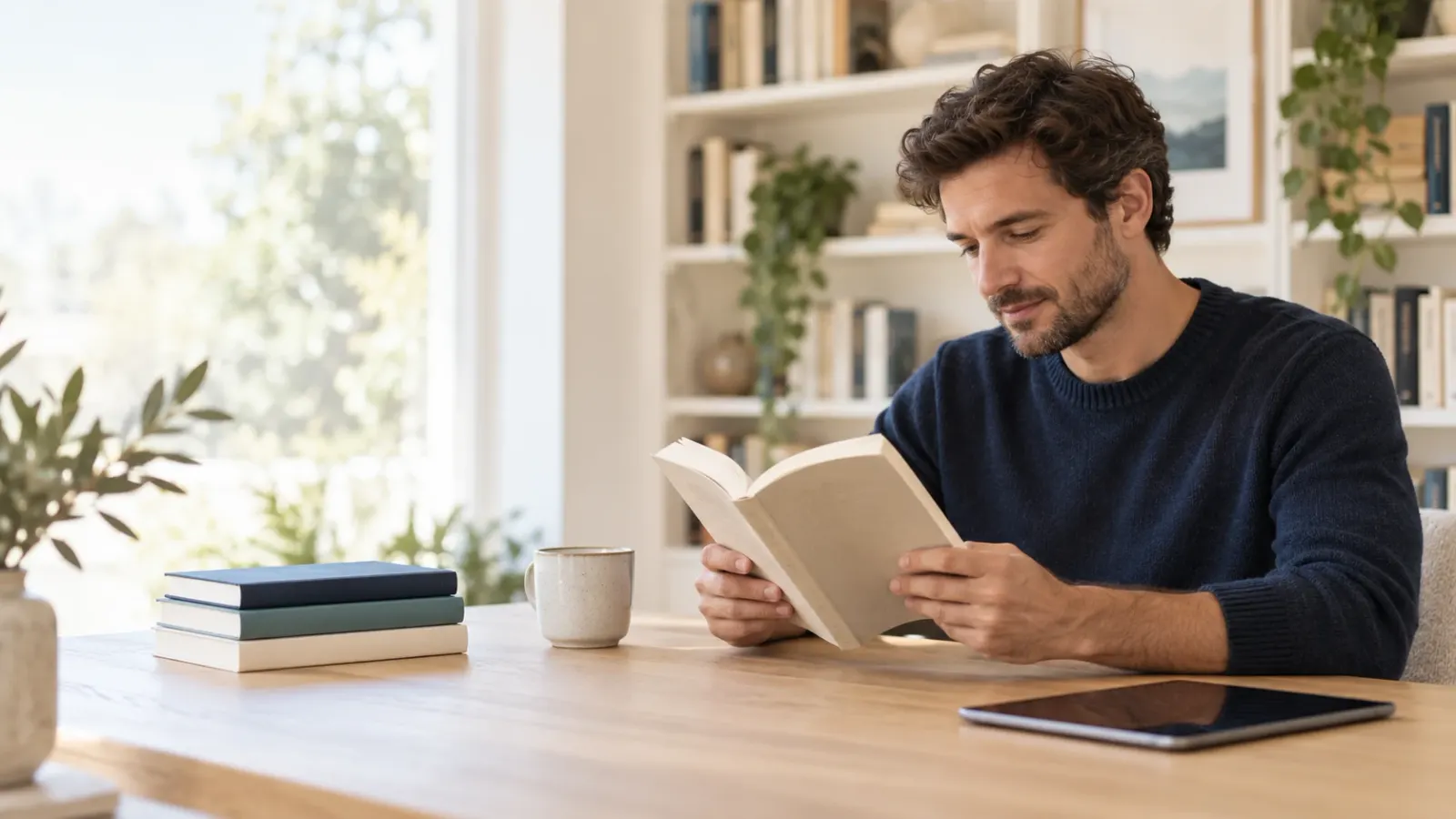 A man reading a paperback at a wooden table, with a stack of books, a mug and a tablet beside him