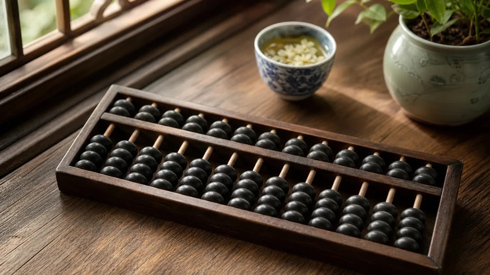 A traditional wooden Chinese abacus on a desk next to a cup of jasmine tea