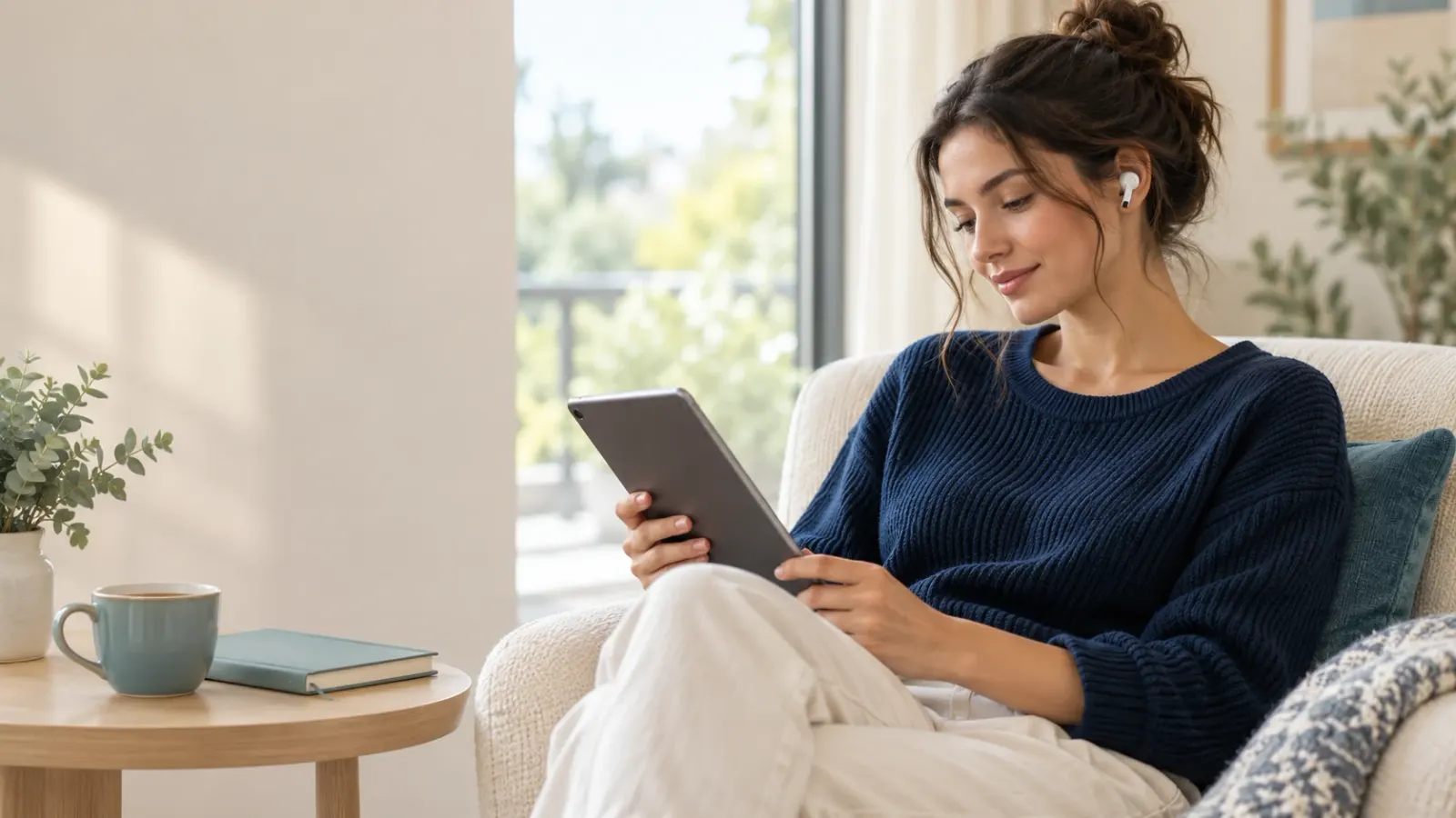 A woman with earbuds reading on a tablet in an armchair, with a cup and a notebook on the side table