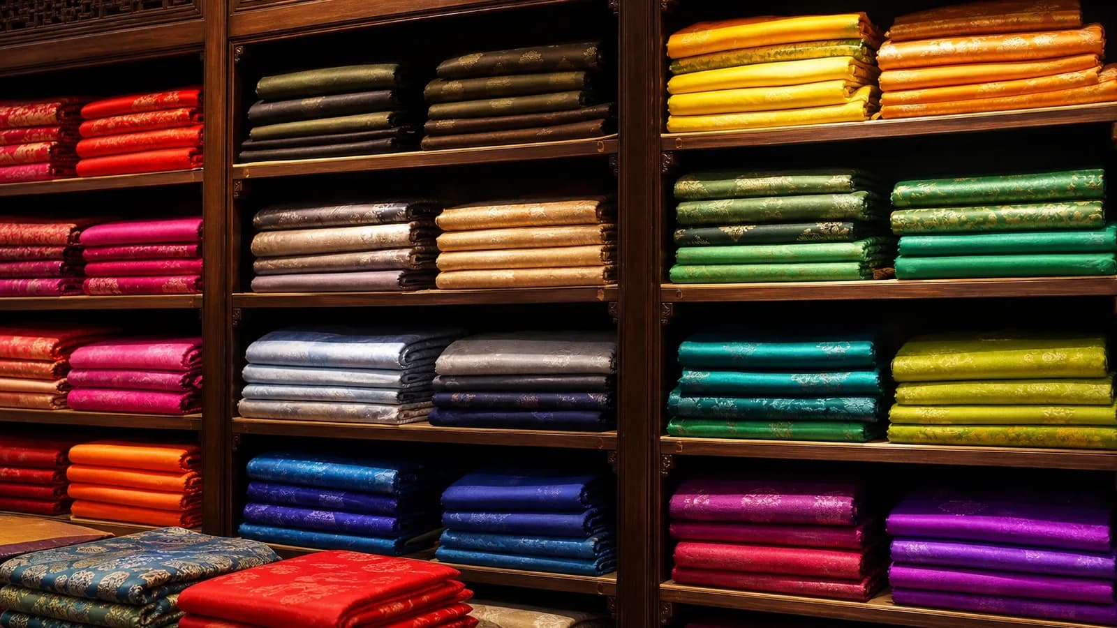 Stacks of folded silk in many bright colours on the shelves of a fabric shop