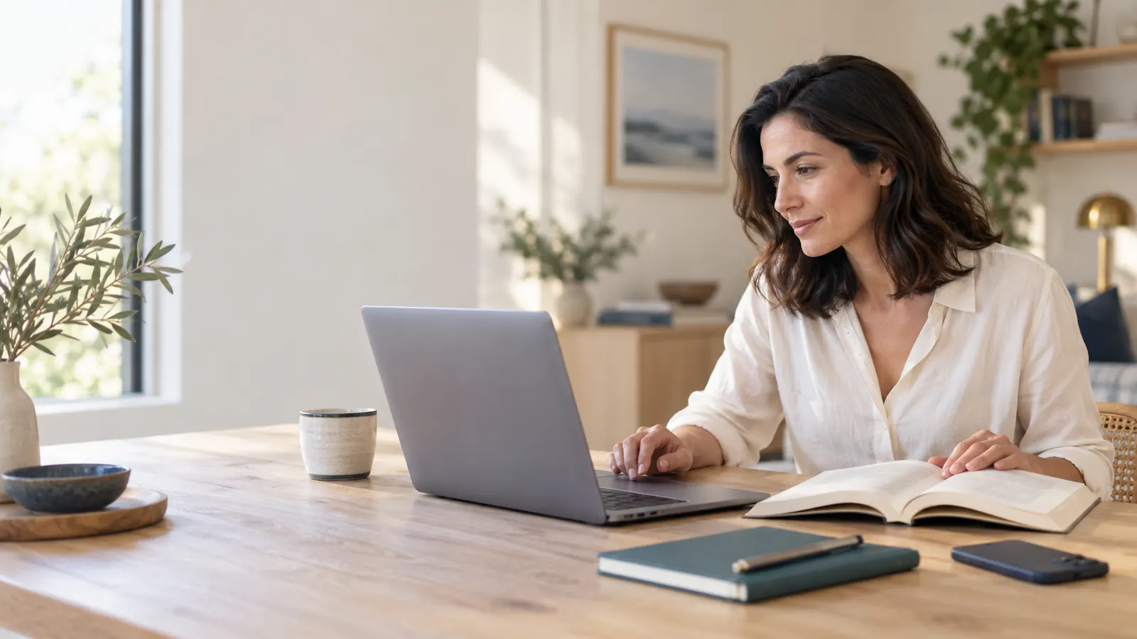 A woman working on a laptop with an open book, a notebook and a phone on the table