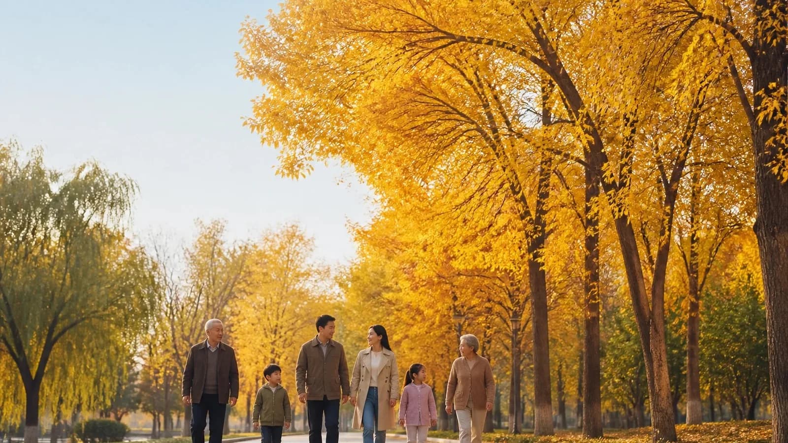 A three-generation family walking along a park path under golden autumn trees