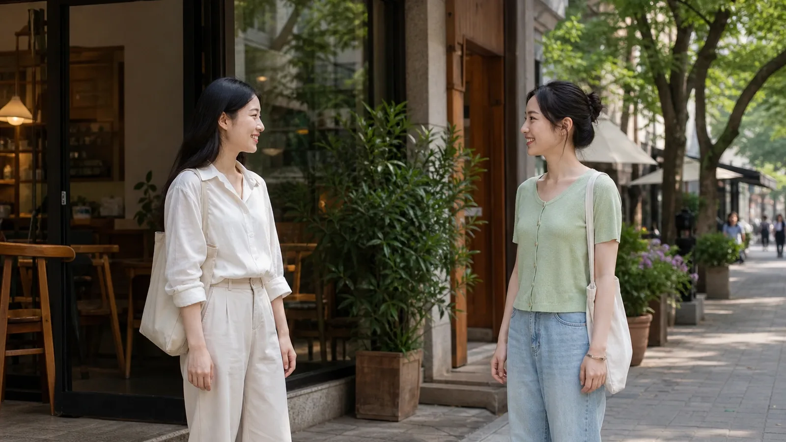 Two young women smiling at each other outside a café on a sunny street