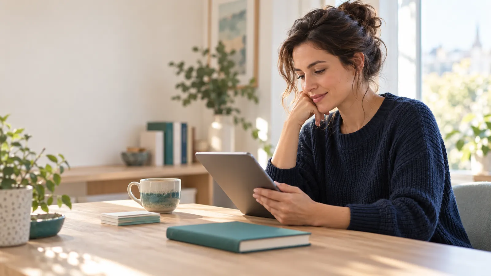 A woman reading on a tablet at a sunlit table, with a notebook and a cup beside her