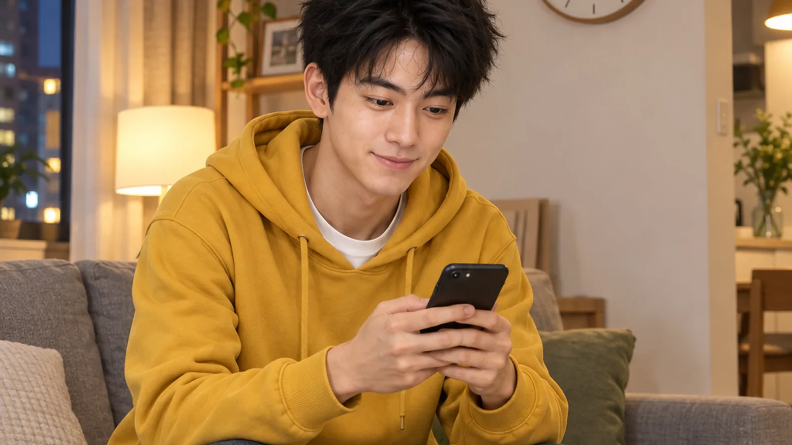 A young man in a mustard hoodie smiling at his phone on a sofa, reading a short Chinese story