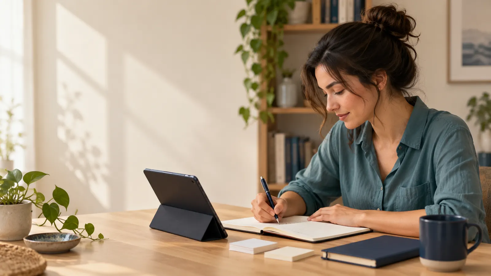 A woman writing in a notebook at a desk, with a tablet propped up in front of her