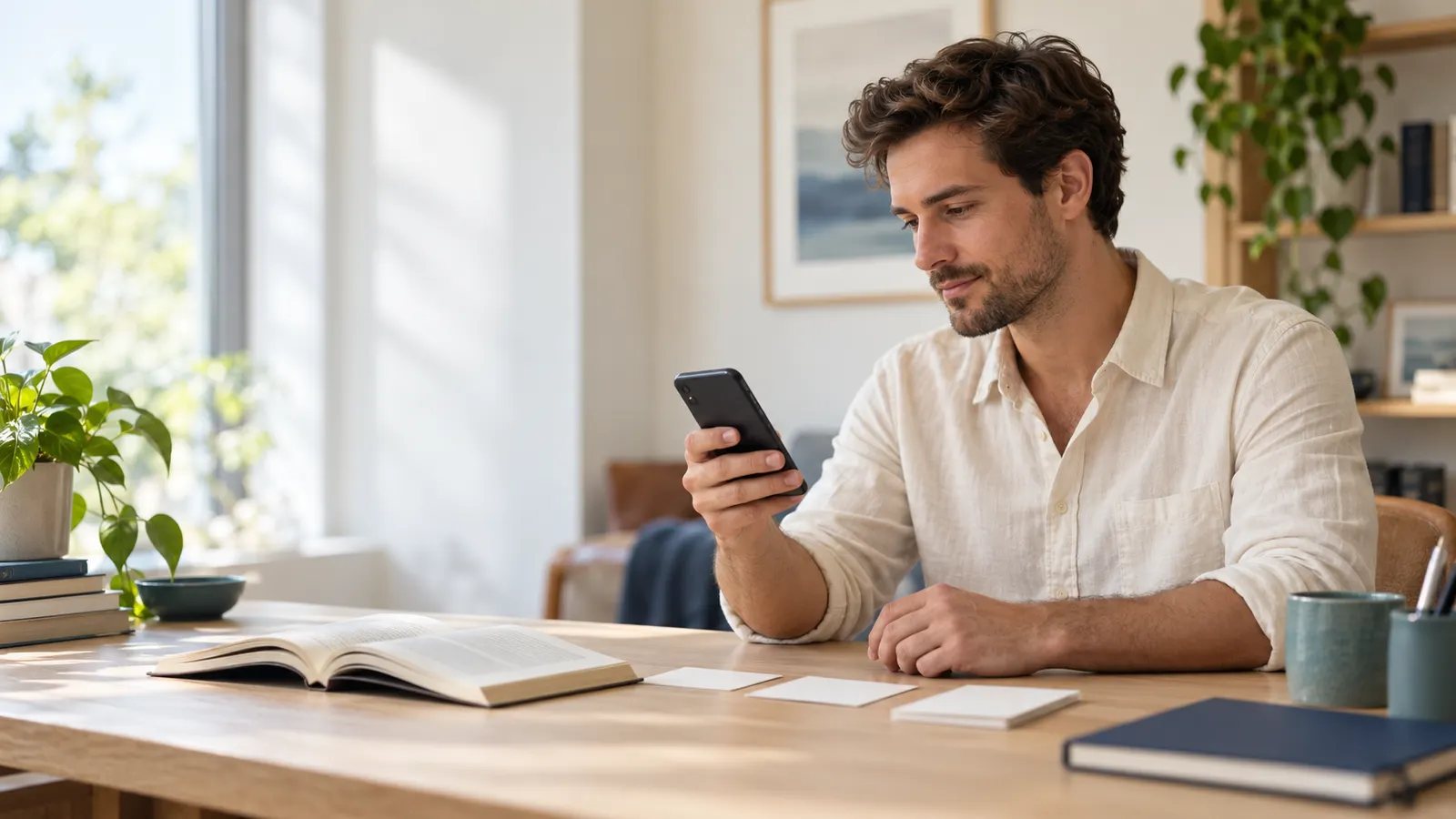 A man practising on his phone at a table with an open book and index cards